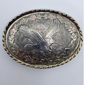Silver-Tone Flying Eagle Belt Buckle With Floral Border